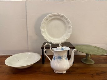 Gein France Cake Plate, Green Pedestal Cake Stand, Royal Albert Tiffany Tea Pot & White Bowl
