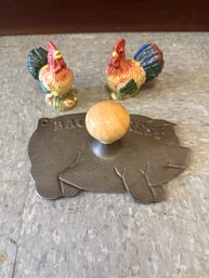 Rooster Salt/pepper And Cast Iron Bacon Press