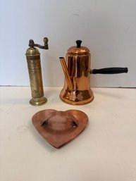 Copper Coffee Pot, Heart Cutter And Atlas Pepper Mill
