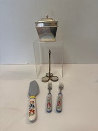 Silver Plate Caddy, Trinket Box And A Three-piece Dessert Serving Set With Hand-painted Ceramic Handles