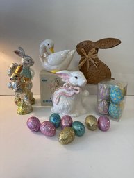 Easter Lot: Russ Ceramic Goose Planter, Chocolate Like Wrapped Bunnies, Metal, And Porcelain Ones Too.