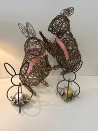 Woven Rattan Bunnies Figure With A Polka Dot Ribbon Accent And Metal Bunny Candle Holders
