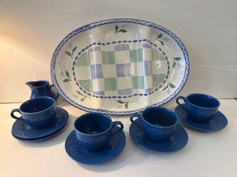 Oneida Earthenware Divided Serving Tray, Blue Tea Cups/saucers And A Creamer