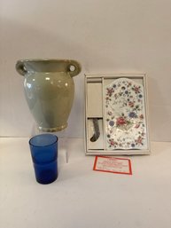 Andrea By Sadek Cheese Board, Green Vase And Blue Glass