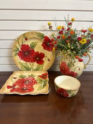 Hand Painted Poppies Ceramic Set: Platters, Bowls And Vase