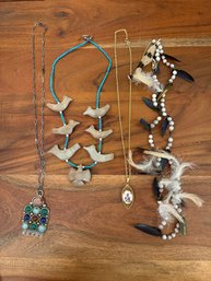 Native American Carved Stone Bird Necklace, Multi-gem Pendant Necklace W/ Sterling Necklace, 12kt GF Necklace