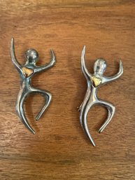 2-Sterling Silver Modernist Figural Brooch With A Gold-tone Heart Accent