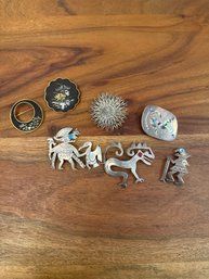 Mexican Sterling Silver Artisan Pins Stone Accents, Vintage Japanese Black Enamel Floral Inlay Pins & More