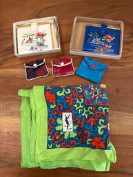 Blue/white Silk Embroidered Pouch With Birds And Blossoms, Yves Saint Laurent Silk Scarf With Floral Pattern