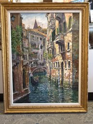 Oil Painting Of A Venetian Canal Scene With A Gondola By Val Tsar