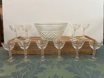 12- Cut Glass Cordial Glasses And Bowl