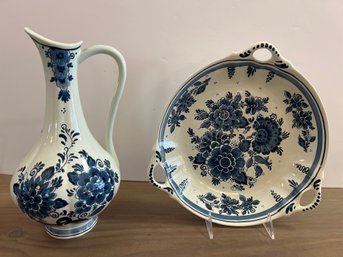 Blauw Delfts Distel Blue/white Made In Holland Hand Painted Vase And Platter