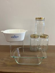 Blue Flower Corningware, 3 Ball 3 Cup Mason Jars, And Oxo Loaf Pan