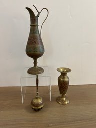 Made In India Brass Enamel Vases And Bell