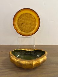 Mid Century Amber Glass Ashtray And Mid Century Gold Vase With Green Ceramic