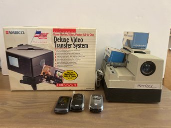 Deluxe Video Transfer System, Sprite 1 Airequipt Slide Projector  & Magazines And 3 Vintage Cell Phones