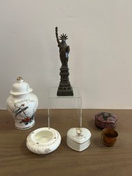 Bronze Statue Of Liberty, 2 Trinket Boxes, Jay Japan Urn And More
