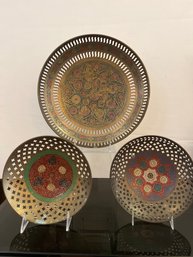 3- Vintage Copper Hand Painted Mandala Moroccan Ornate Plater, Server, Bowl