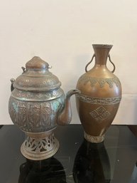 Middle Eastern Copper Vase, Embossed Brass Trim Medallions, Double Handles & Decorative Metal Jug Missing Top