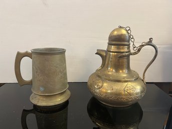 Copper Brass Vintage Tea Pot Made In India & Brass Tankard Mug Made In India