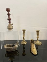 Brass Candle Sticks, Brass Shoe Ashtray, Rooster Egg Cup, And More