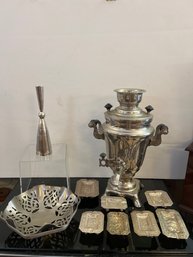 Silver Plate Basket, Candle Holder, Tin Individual Ashtrays And Vintage Russian Electric Samovar