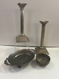 Silver Candle Stick Holders, And 2 A Silver Plated Serving Tray Middle Eastern