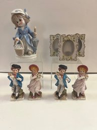 4-Porcelain Boy/girl Figures, 3 Porcelain Picture Frames &  Vintage KPM Blue Porcelain Girl With Umbrella