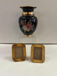 Greek 24k Gold Vase And 2 Vintage The Bucklers Inc.5th Ave Brass Enamel Picture Frames