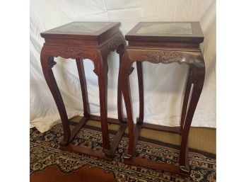 Set Of 2 Cherry Wood And Marble Plant Stands