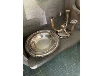 Silver Plated Candelabra And Bowl