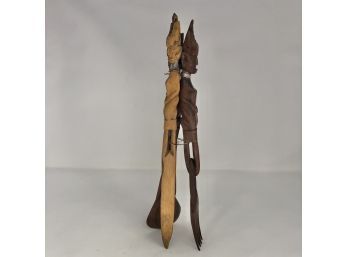AFRICAN HAND CARVED WOOD SERVING UTENSIL SET KNIFE SPOON FORK TRIBAL WIRE