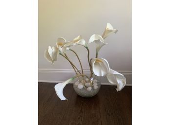 Silk Flowers In A Glass Bowl.