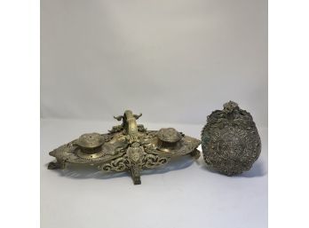 Antique Brass Ink Well & 18th Century Balkan Russian Powder Hask Repousse