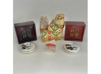 Jade Stamps & Porcelain Ink Cases With Protective  Wooden Boxes