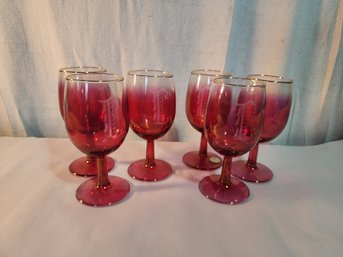 #13 SET OF 6 'C' MONOGRAMED CRANBERRY   CRYSTAL WINE GLASSES