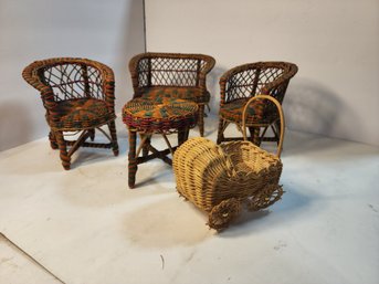 #23 Outdoor Childs Toy Wicker Set And Doll Carrage