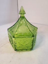 #29 Green Coin Dot Depression Glass Lidded Candy Dish