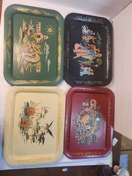 #34 Lot Of 4 Pretty Vintage Hand Painted Serving/tv Trays
