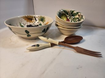 #49 Salad Bowl And Small Bowls With Serving Utensils Hand Painted Made In Italy
