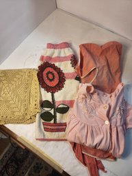 #65 Pink Apron, Pink Vintage Night Jacket And Tea Towel
