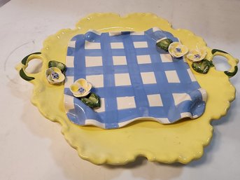 #118 YELLOW AND BLUE PLAID HAND PAINTED SIGNED SERVING PLATE