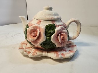 #119 PINK PLAID AND ROSE TEAPOT ON PLATE