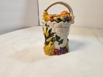 #122 MAJOLICA STYLE VEGGIE EMBELLISHED LIDDED DISH