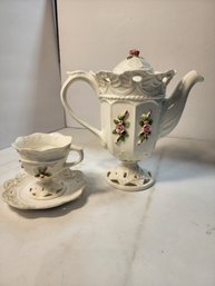 #128 BEAUTIFUL TEAPOT AND MATCHING CUP AND SAUCER