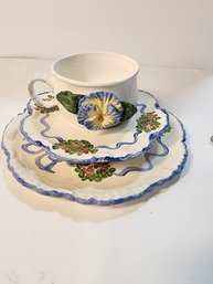 #131 3 PIECE TEACUP  SET HAND PAINTED AND SIGNED