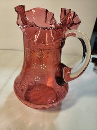 #139 CRANBERRY GLASS RUFFLE EDGE HAND PAINTED PITCHER. STUNNING