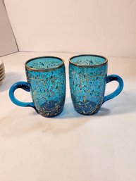 #140  HAND PAINTED BLUE  GLASS CUPS VERY PRETTY