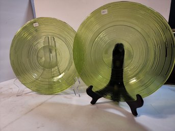#141 2 LARGE GREEN GLASS RIDGED PLATTERS