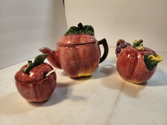 #154 HAND PAINTED JAPANESE APPLE SHAPED TEAPOT, CREAMER AND SUGAR SET